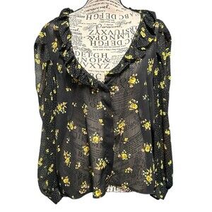 ZARA BLACK & YELLOW FLORAL PRINT FRILL FRONT LONG SLEEVED BLOUSE SIZE Medium